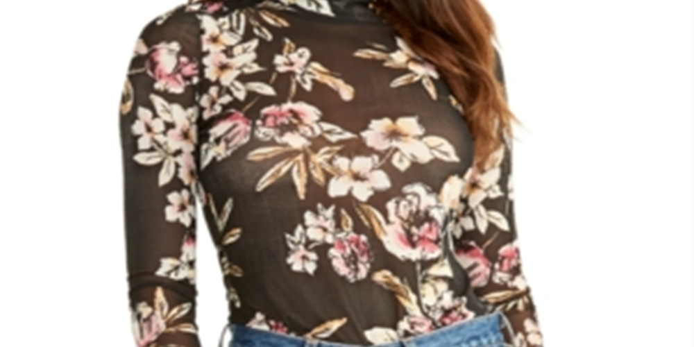 Rachel Roy Women's Floral Print Turtleneck Top Black Size Small
