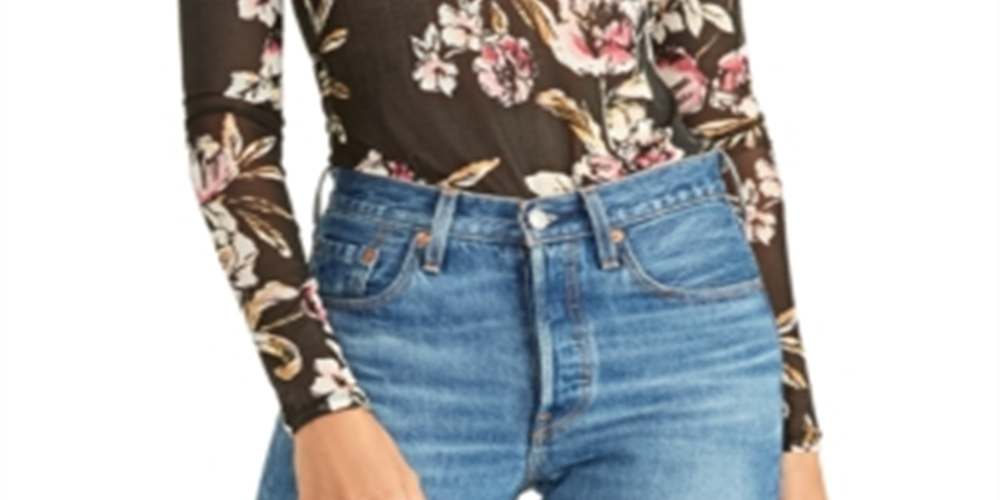 Rachel Roy Women's Floral Print Turtleneck Top Black Size Small