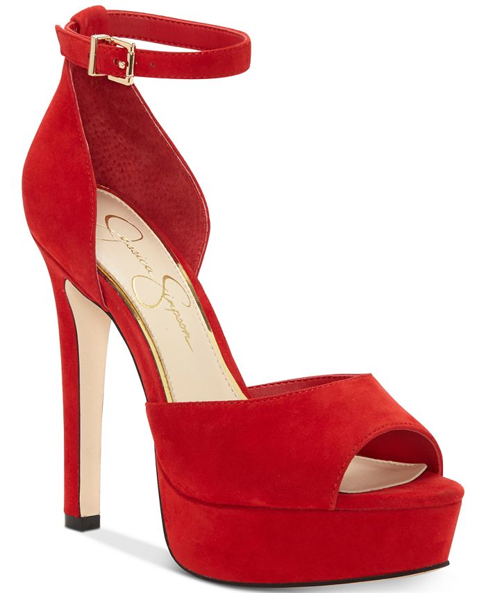 Jessica Simpson Women's Beeya Leather Peep Toe Casual Ankle Strap Sandals Red Size 9.5