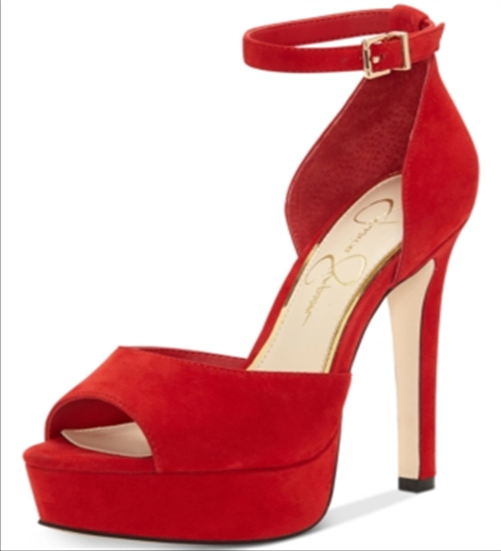 Jessica Simpson Women's Beeya Leather Peep Toe Casual Ankle Strap Sandals Red Size 9.5