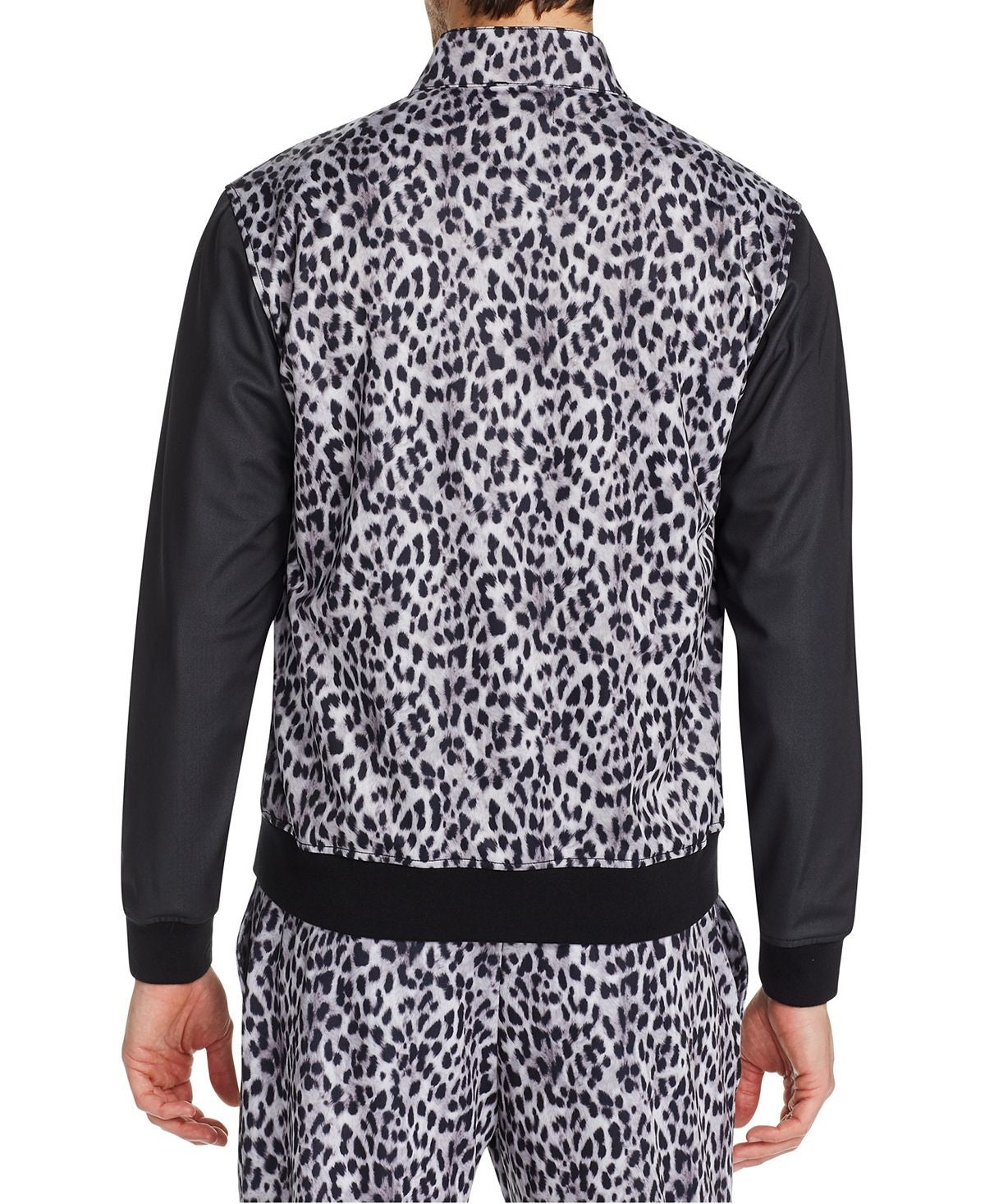 Tallia Men's Slim Fit Stretch Leopard Track Jacket Black Size Small