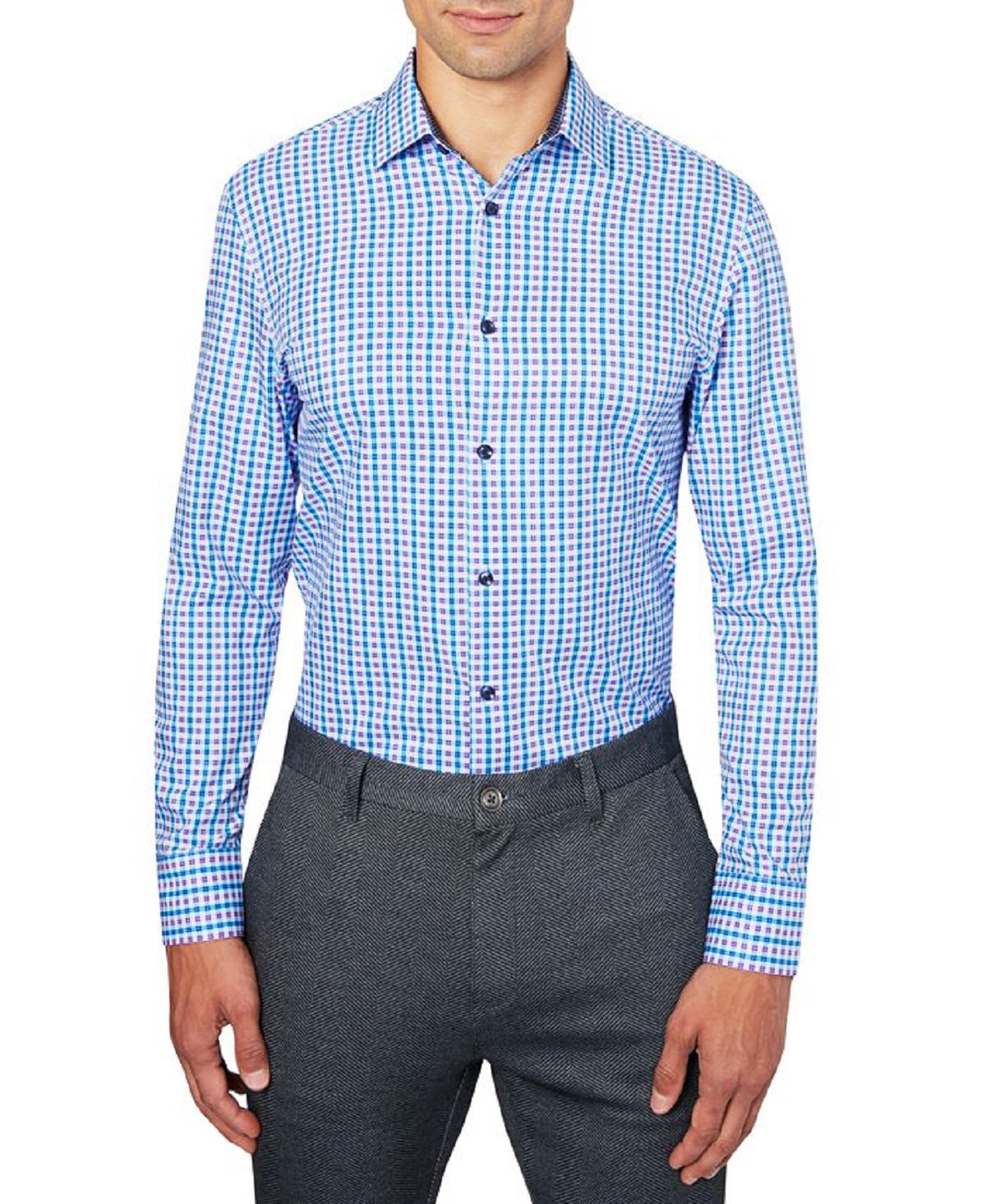 Construct Men's Slim Fit Plaid Comfort Dress Shirt Blue Size Medium