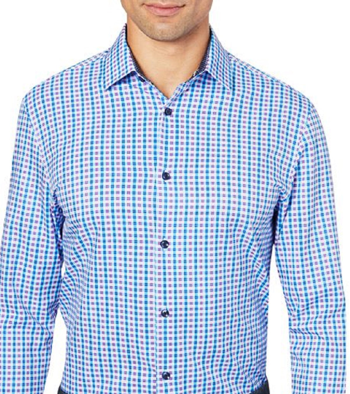 Construct Men's Slim Fit Plaid Comfort Dress Shirt Blue Size Medium