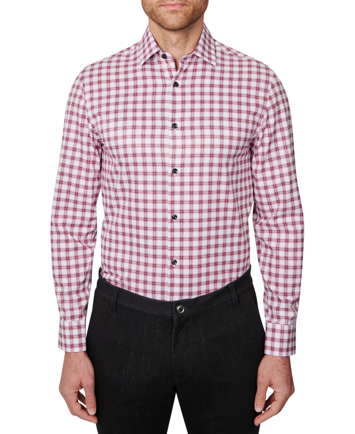 Construct Men's Slim Fit Performance Stretch Cooling Comfort Check Print Dress Shirt Red Size Medium