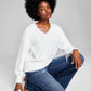 And Now This Women's V Neck Long-Sleeve Eyelash Sweater White Size Small