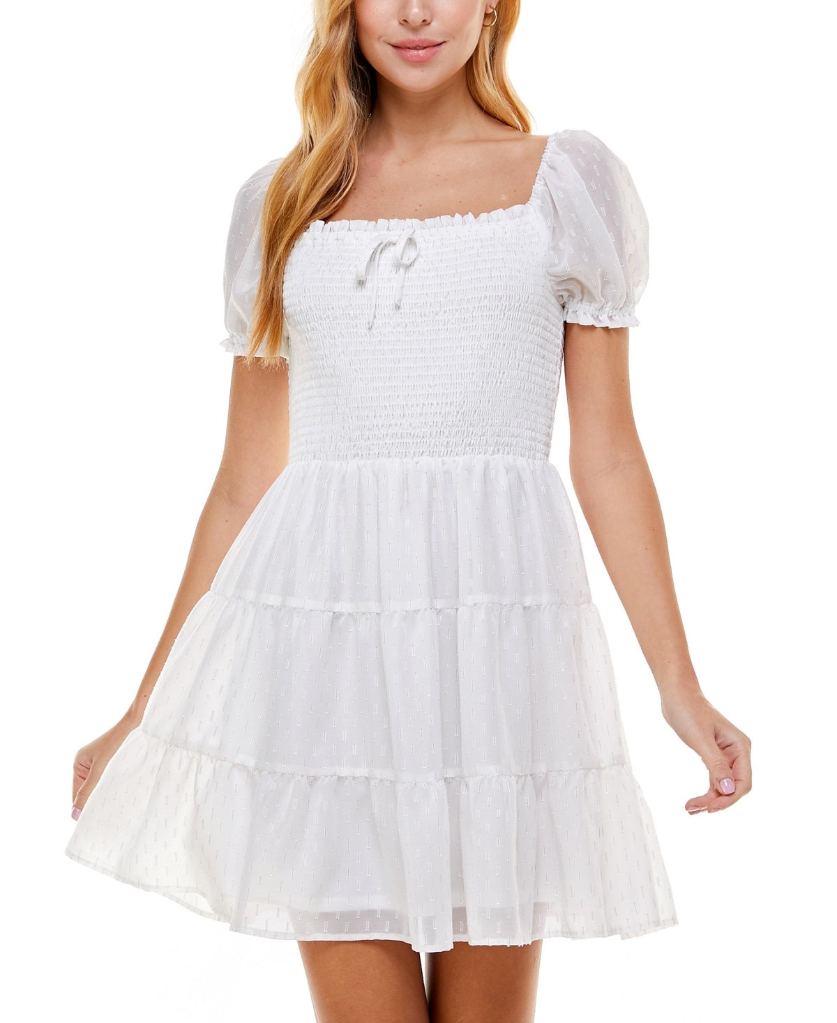 Crystal Doll Junior's Clip Dot Smocked Dress White Size Medium