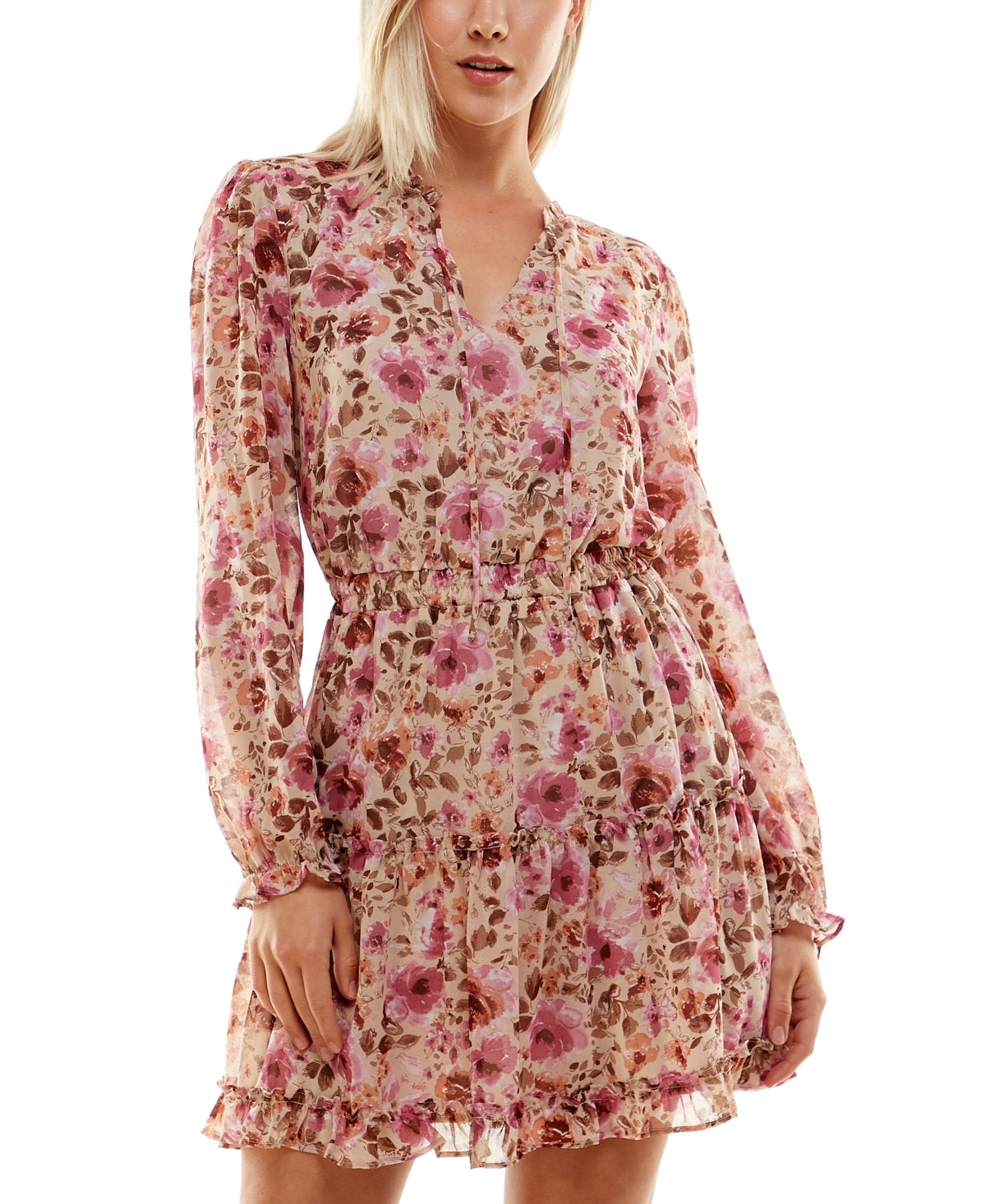Crystal Doll Junior's Printed Long Sleeve Fit & Flare Dress Brown Size XL