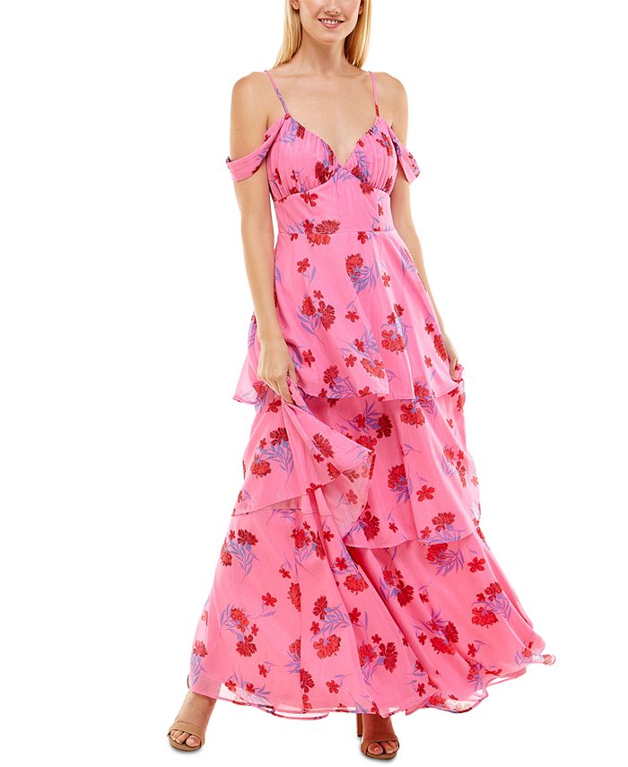 Crystal Doll Junior's Cold Shoulder Tiered Maxi Dress Pink Size 3