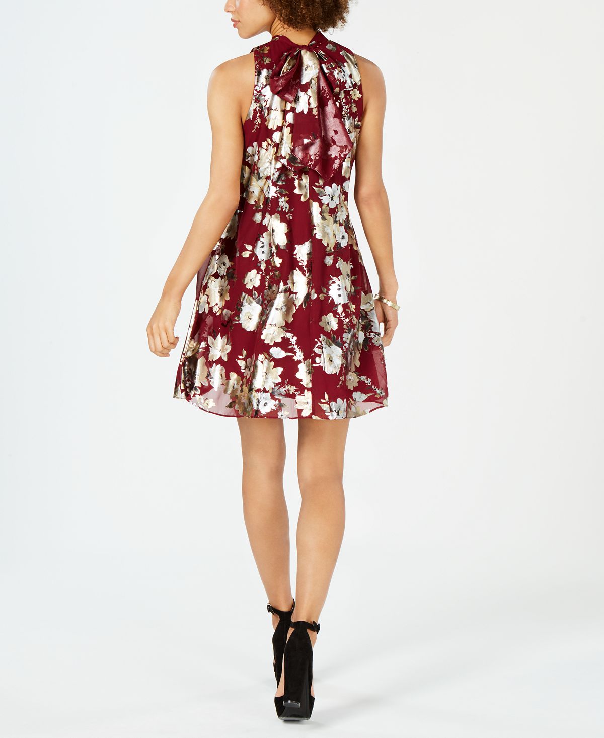 Robbie Bee Women's Floral Metallic Printed Sleeveless Mini Trapeze Dress Red Size 6 Petite