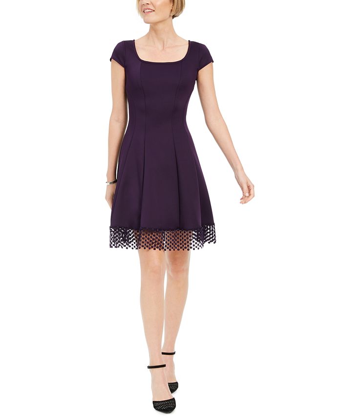 Donna Ricco Women's Lace Trim Fit & Flare Dress Purple Size 16