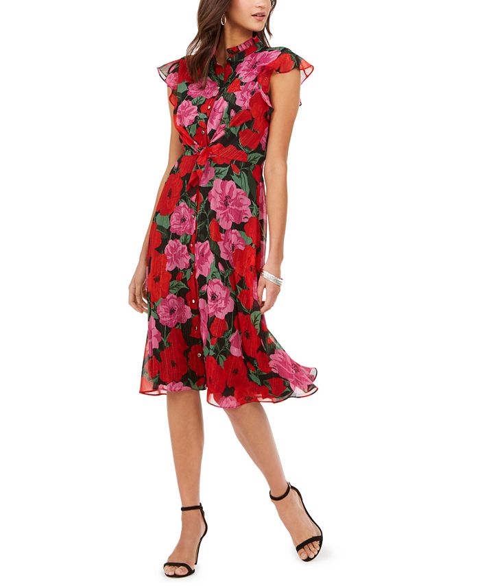 Julia Jordan Women's Ruffle Neck Button Front Tie Waist Dress Red Size 2