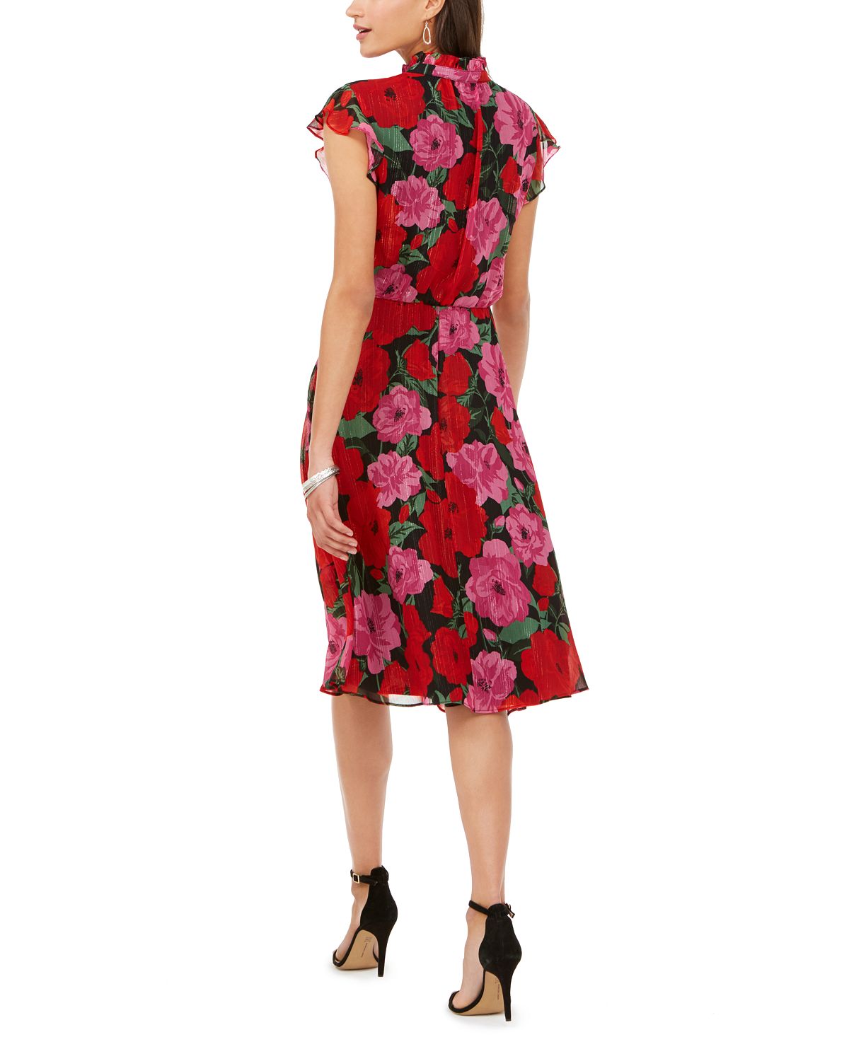 Julia Jordan Women's Ruffle Neck Button Front Tie Waist Dress Red Size 2