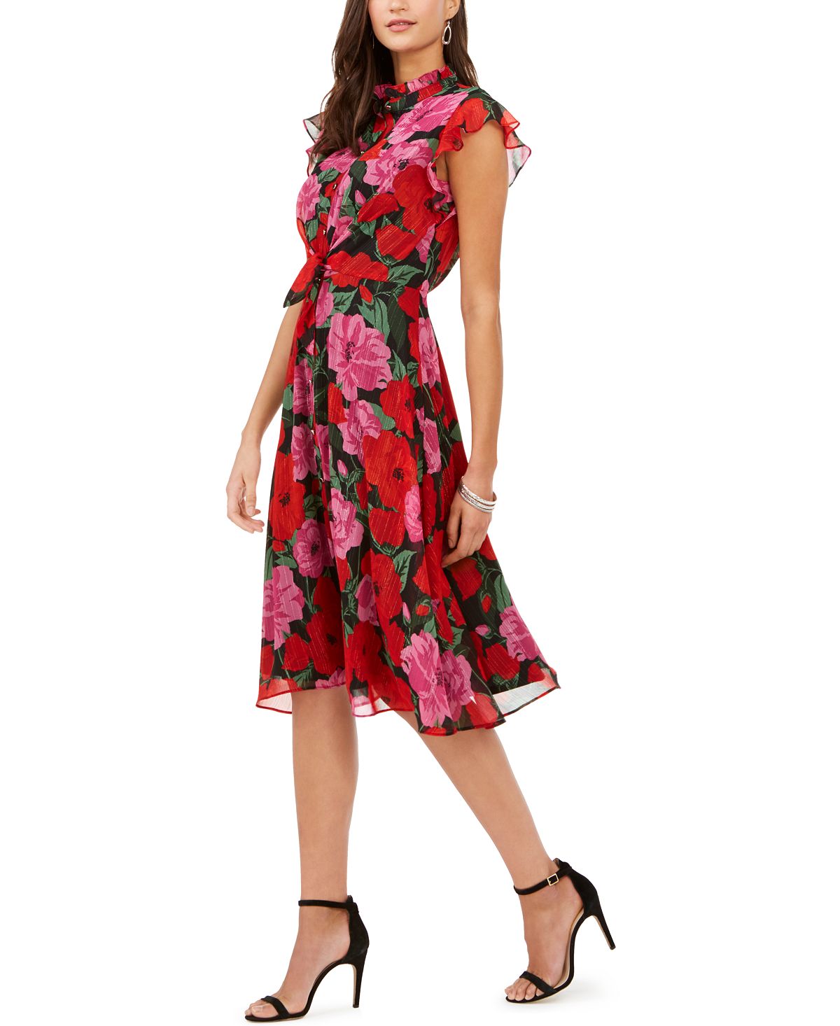 Julia Jordan Women's Ruffle Neck Button Front Tie Waist Dress Red Size 2