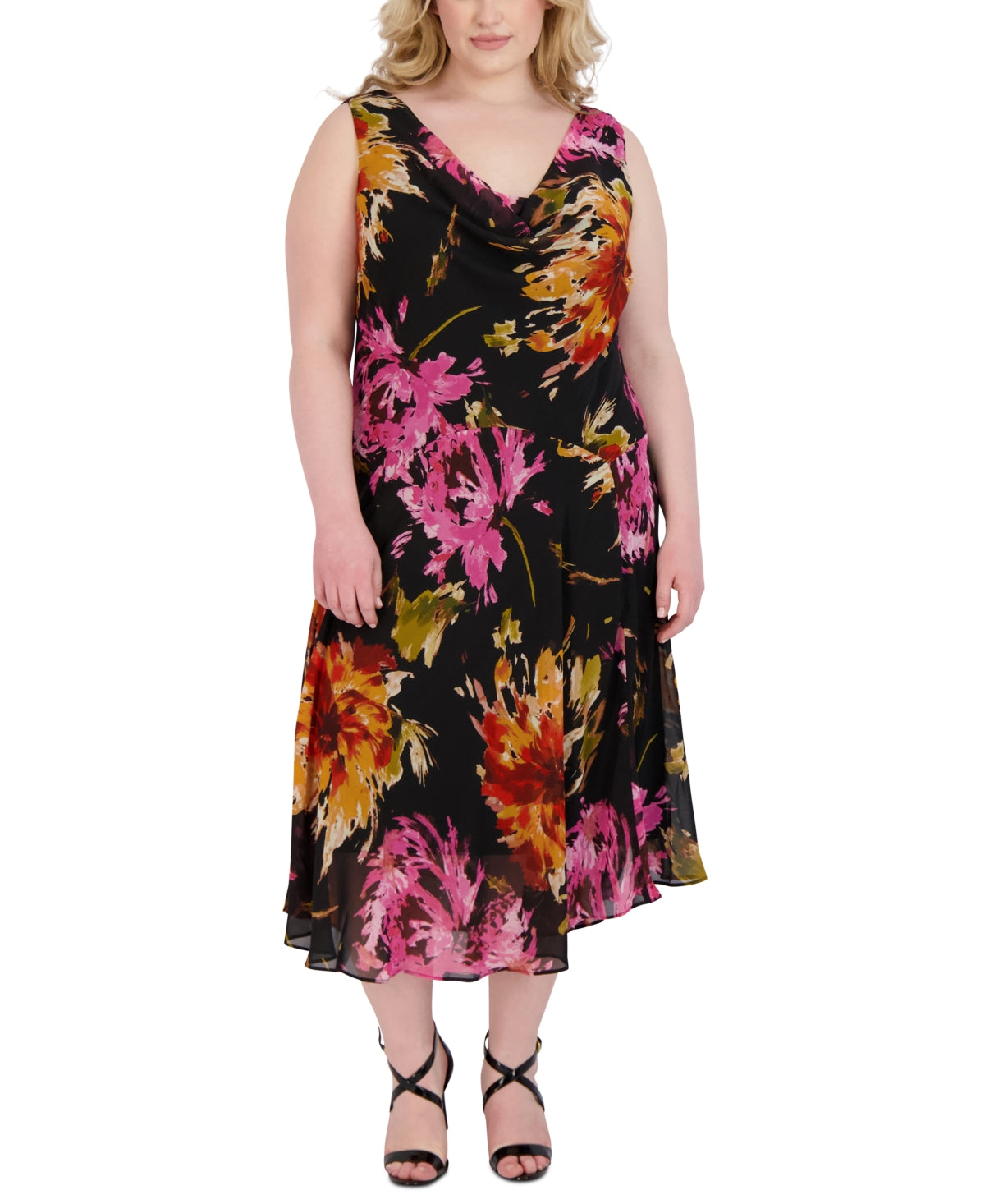 Robbie Bee Women's Floral Print Handkerchief Hem A Line Dress Brown Size 14W