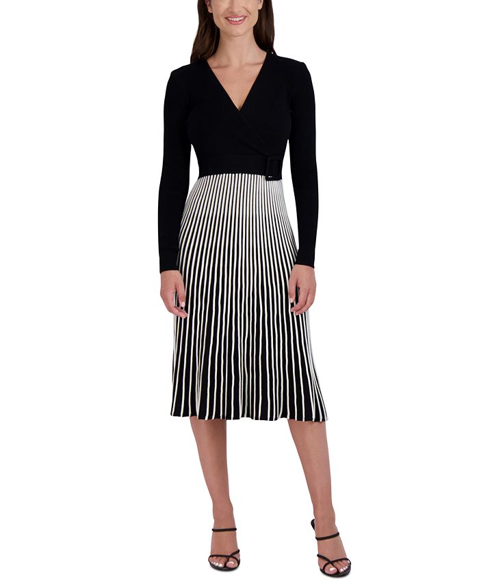 Robbie Bee Women's Two Tone Belted Sweater Dress Black Size Small