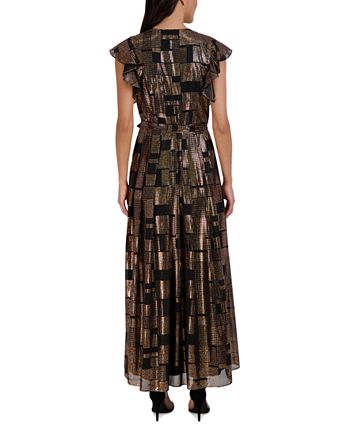Donna Ricco Women's Metallic Flutter Sleeve Maxi Dress Black Size 10