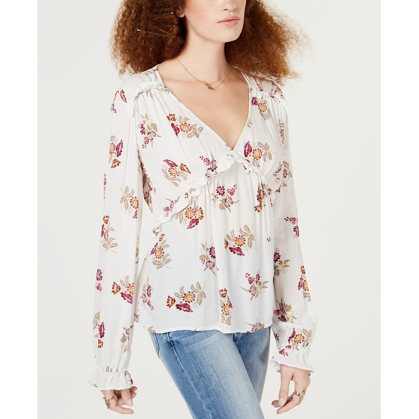 American Rag Junior's Floral Print Ruffle Top White Size X-Small