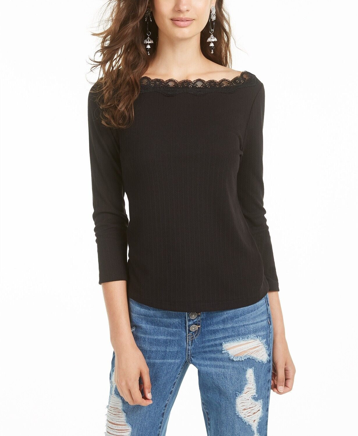American Rag Junior's Lace Trim Top Black  Size Medium