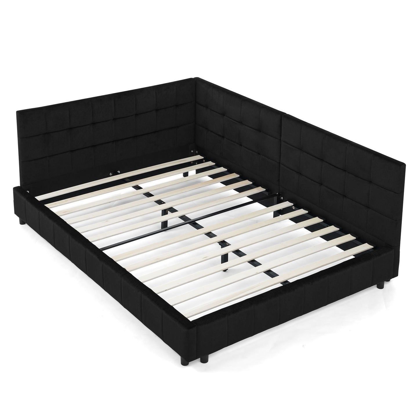 Mid-Century Storage Upholstered Tufted Bed Frame with Backrest and Armrests