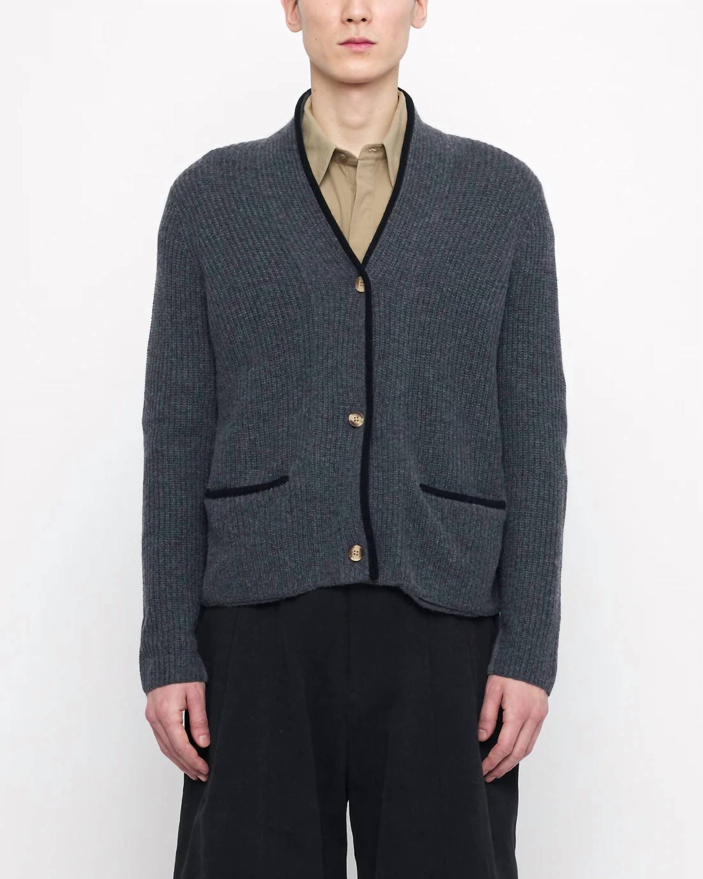 7115 By Szeki - V-neck Pockets Trimmed Cardigan