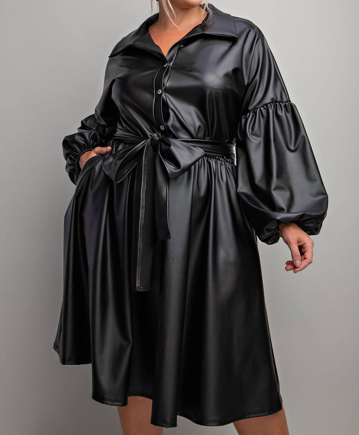 The Curve La - Plus Size Faux Leather Button Front Fit Flare Dress