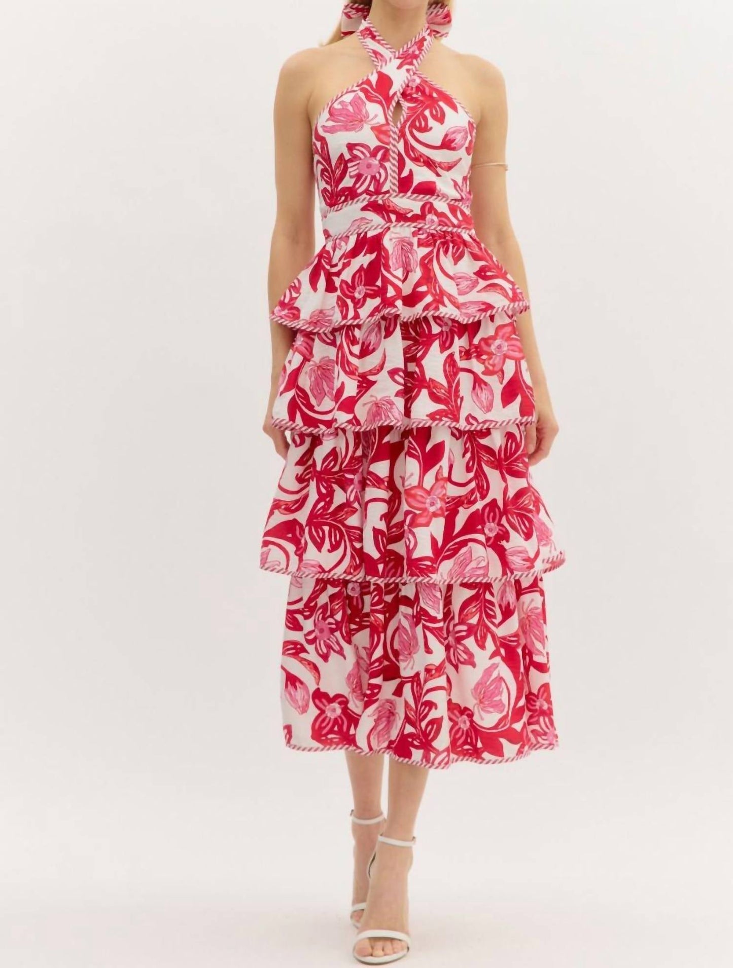 Entro - Halter Bow Tied Tiered Paisley Midi Dress