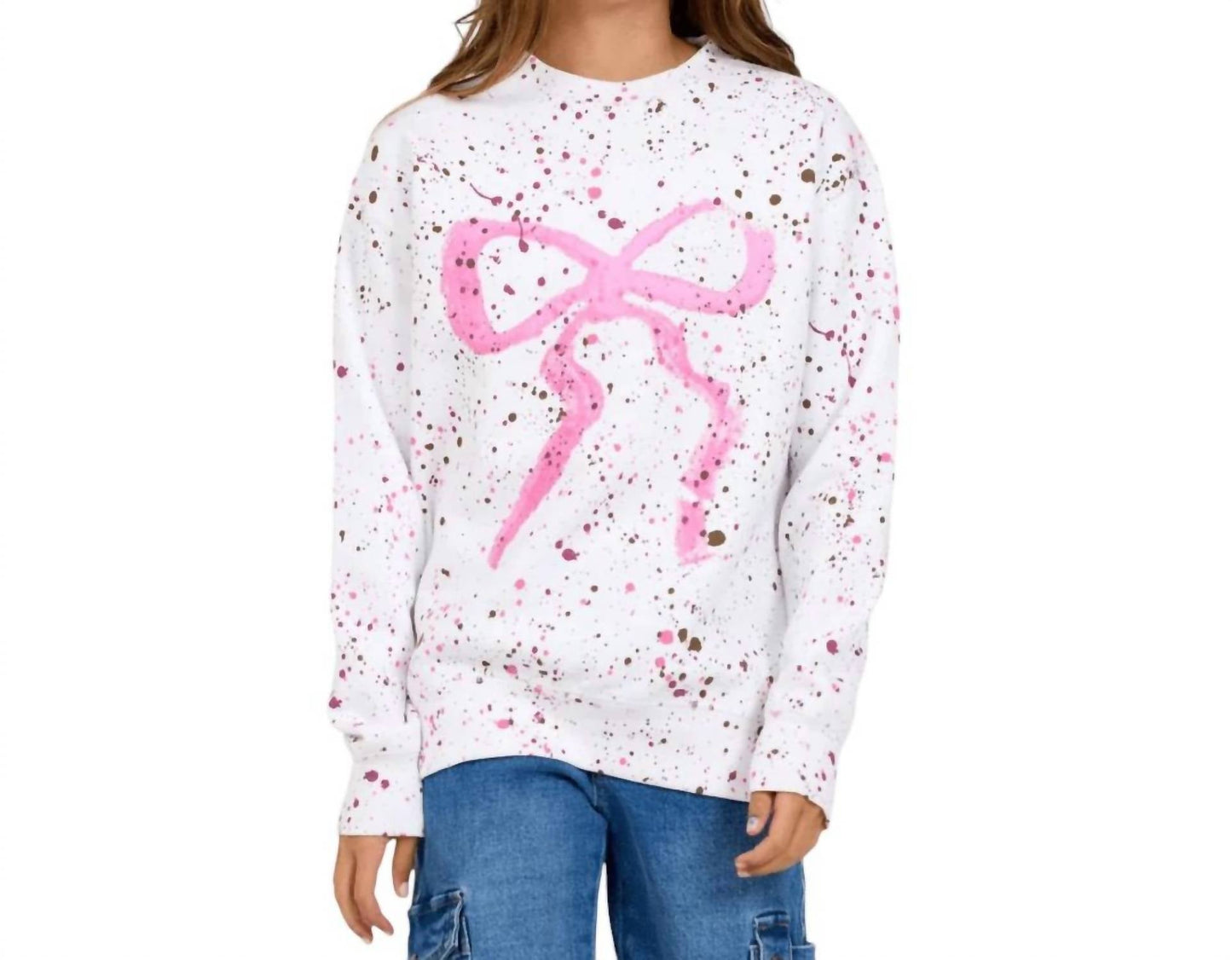 Vintage Havana - Girls Splatter Bow Oversized Crew Sweatshirt