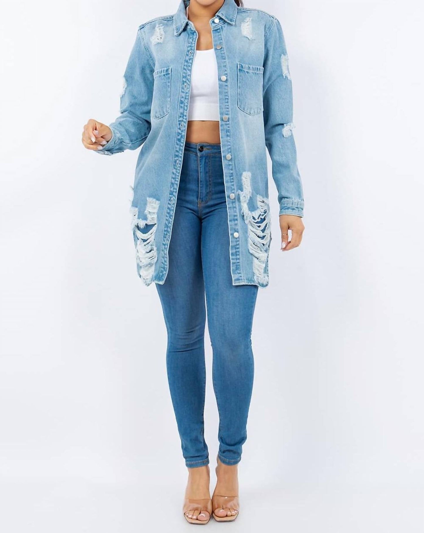 American Bazi - Distressed Button Up Long Sleeve Denim Jacket