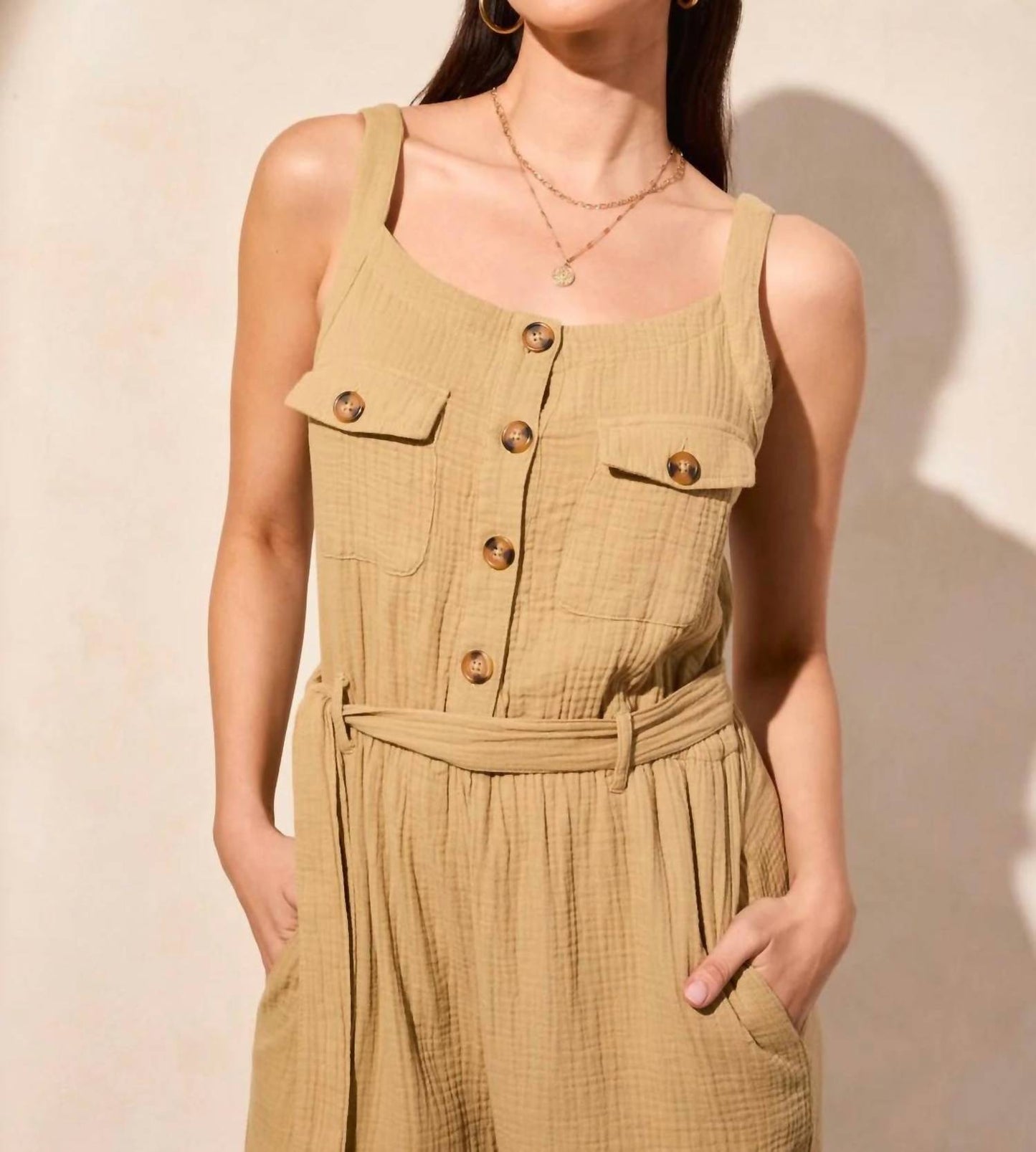 Tribal - Sleeveless Button-front Gauze Jumpsuit