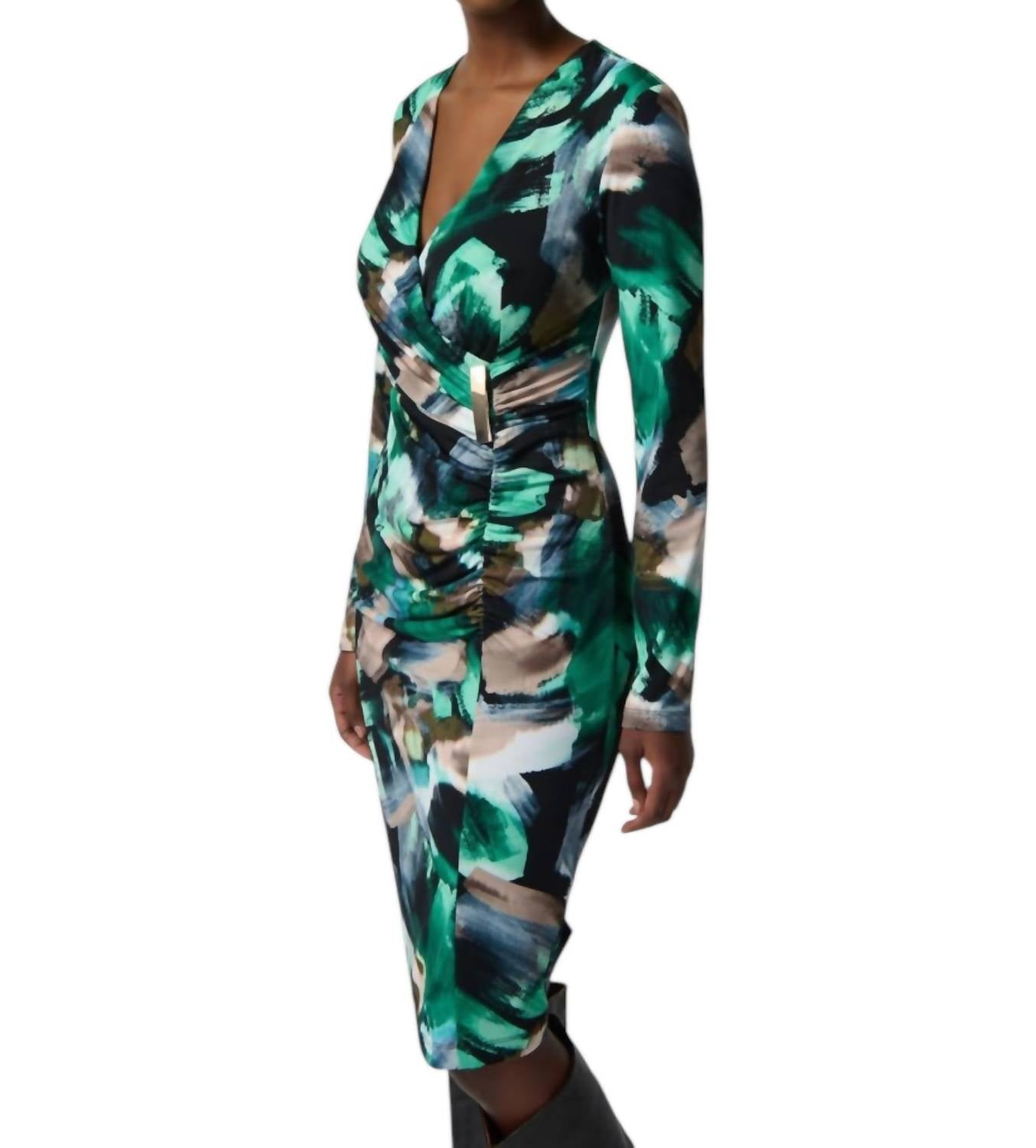 Joseph Ribkoff - Abstract Print Silky Knit Wrap Dress With Ornament