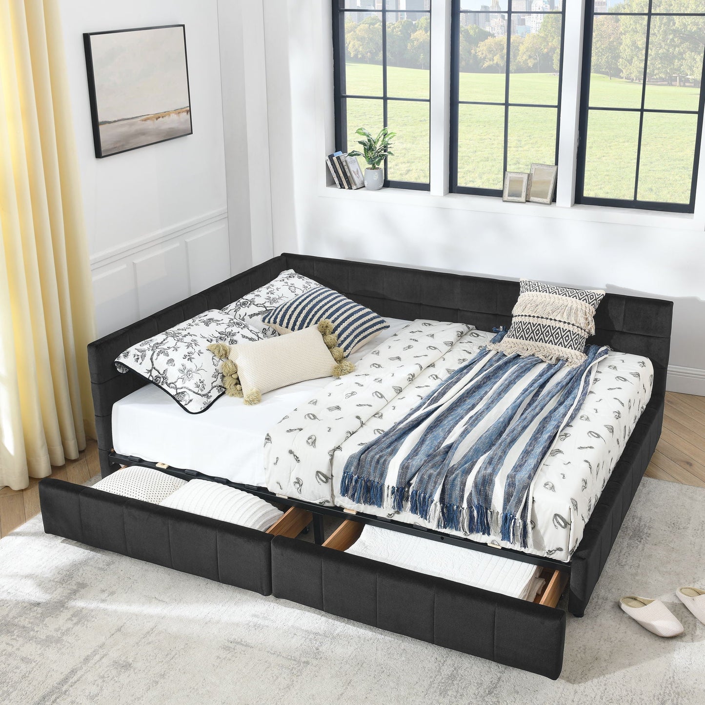 Mid-Century Storage Upholstered Tufted Bed Frame with Backrest and Armrests