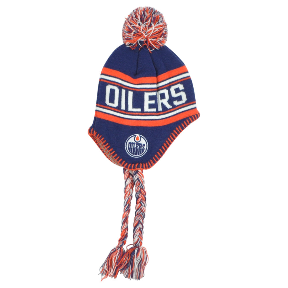 NHL Apparel Edmonton Oilers Kids Youth Alpine Tassel Ear Flaps Knit Beanie Hat
