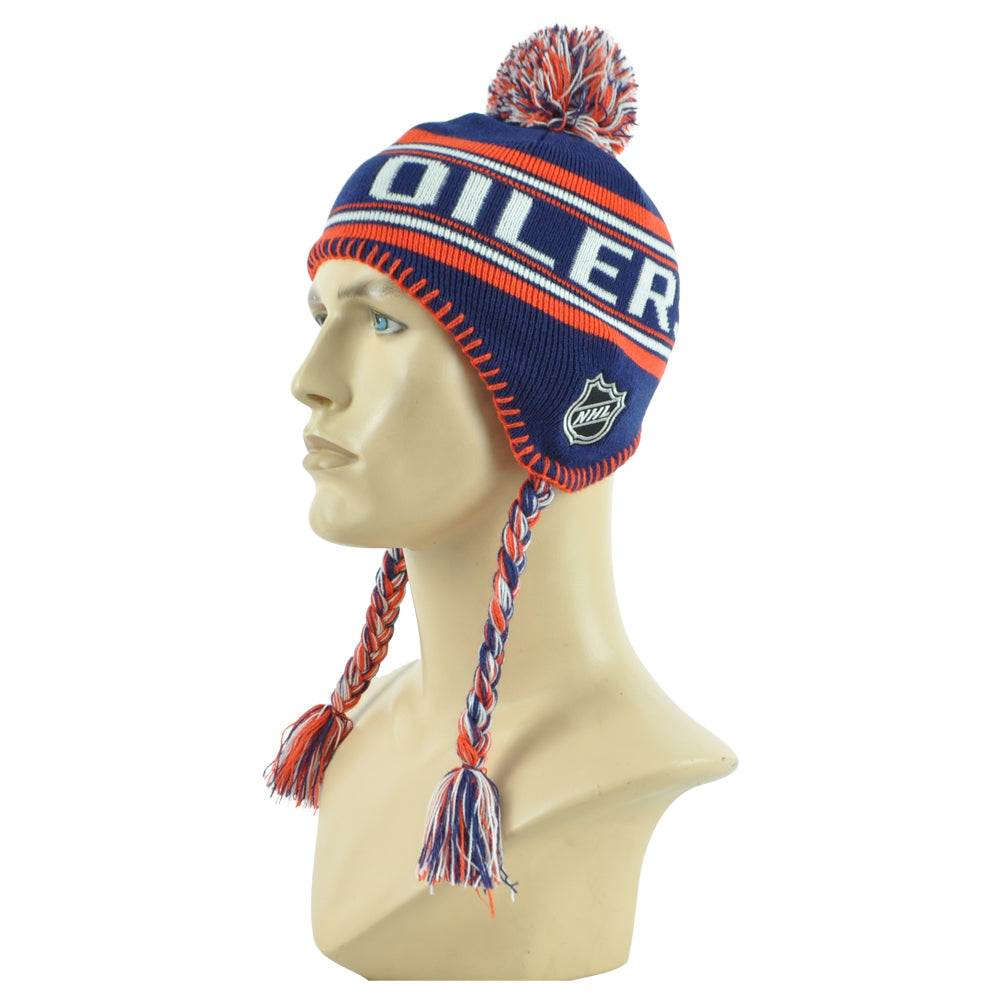 NHL Apparel Edmonton Oilers Kids Youth Alpine Tassel Ear Flaps Knit Beanie Hat