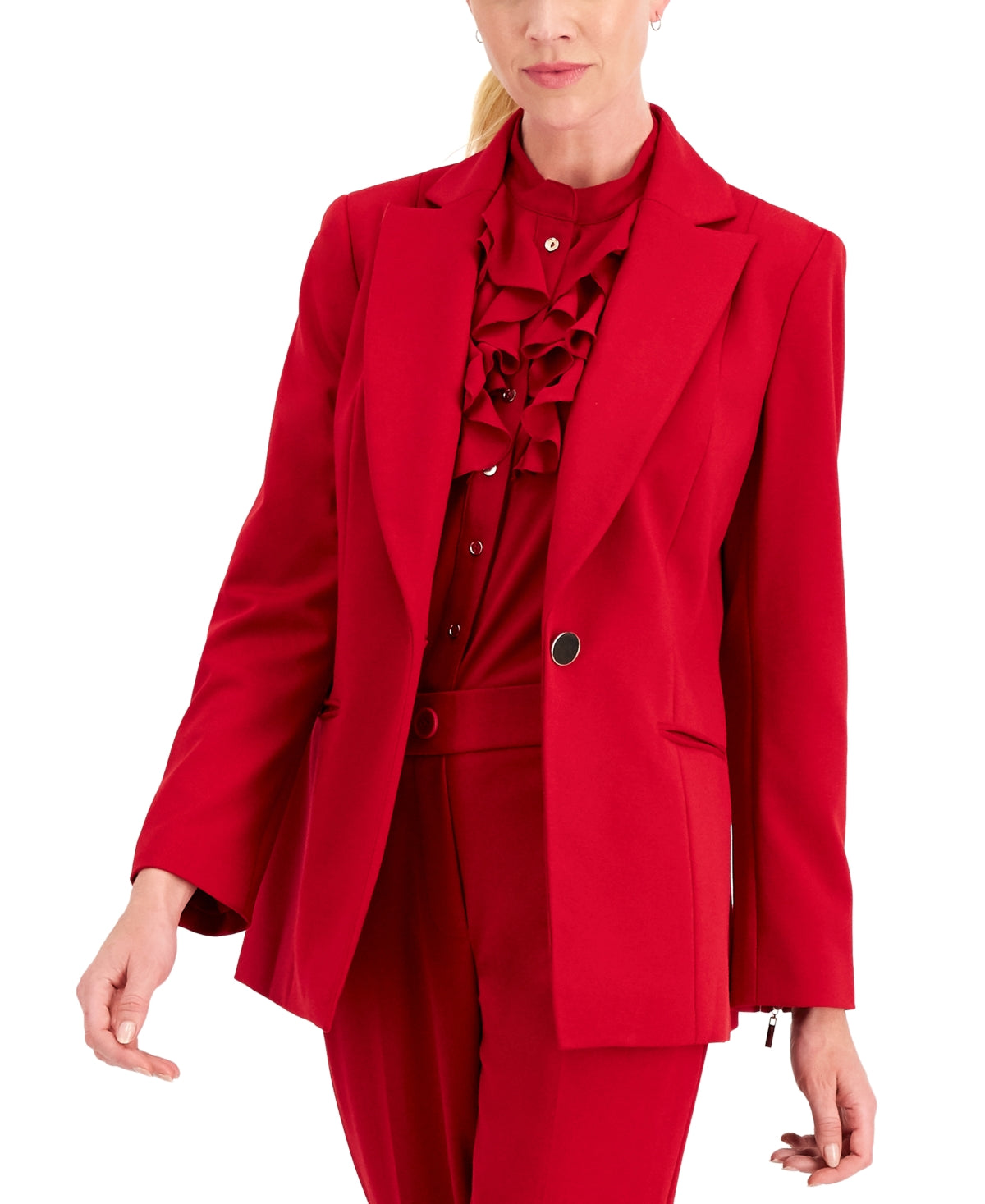 Kasper Women's Zip Cuff Notched Collar One Button Jacket Red Size 12