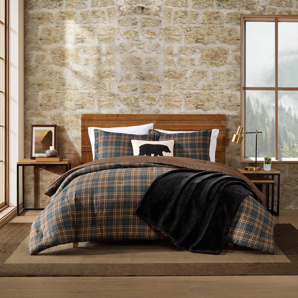 Eddie Bauer Queen Comforter Set Huntley Plaid Brown 3 Piece