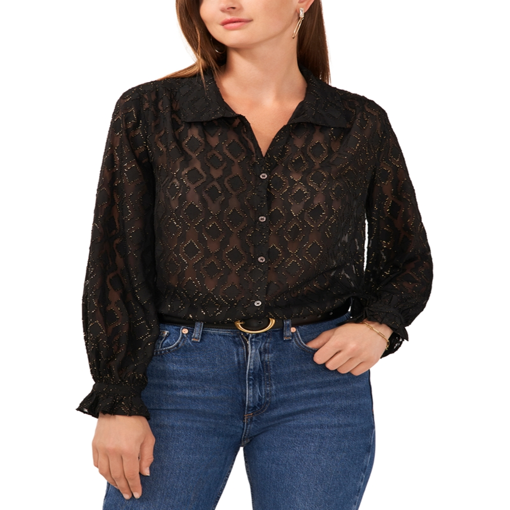 Vince Camuto Jacquard Button Front Blouse Black Size XS