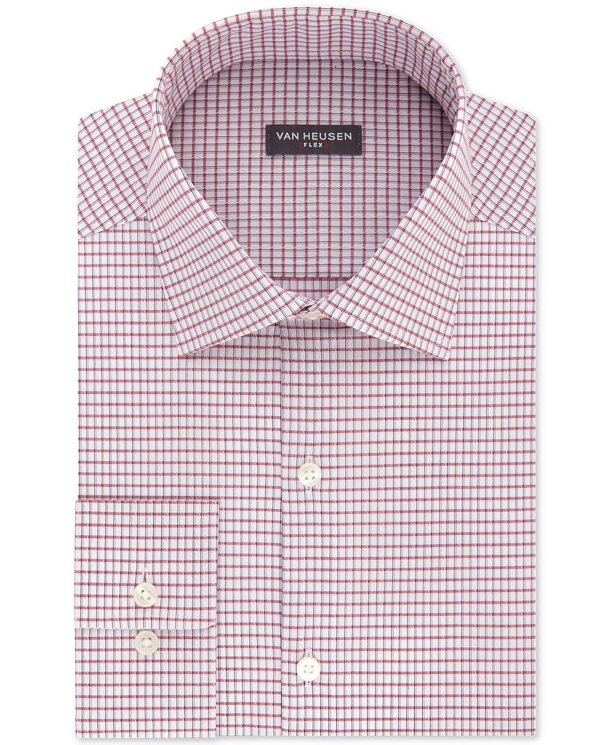 Van Heusen Men's Classic/Regular-Fit Performance Stretch Wrinkle-Free Flex-Collar Check Dress Shirt Red Size 18-34-35