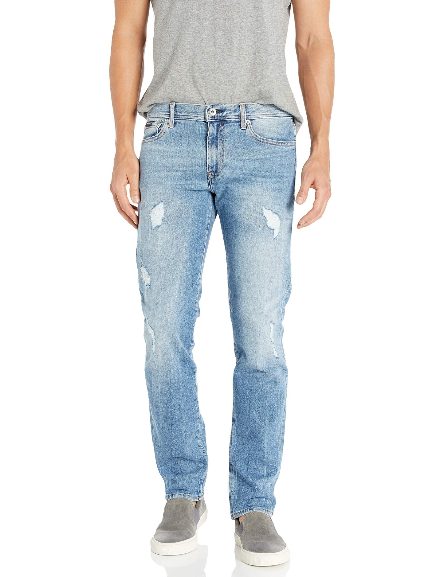 A|X ARMANI EXCHANGE Men's Stretch Cotton Straight Pant with Rips and Repairs, Indigo Denim, 36