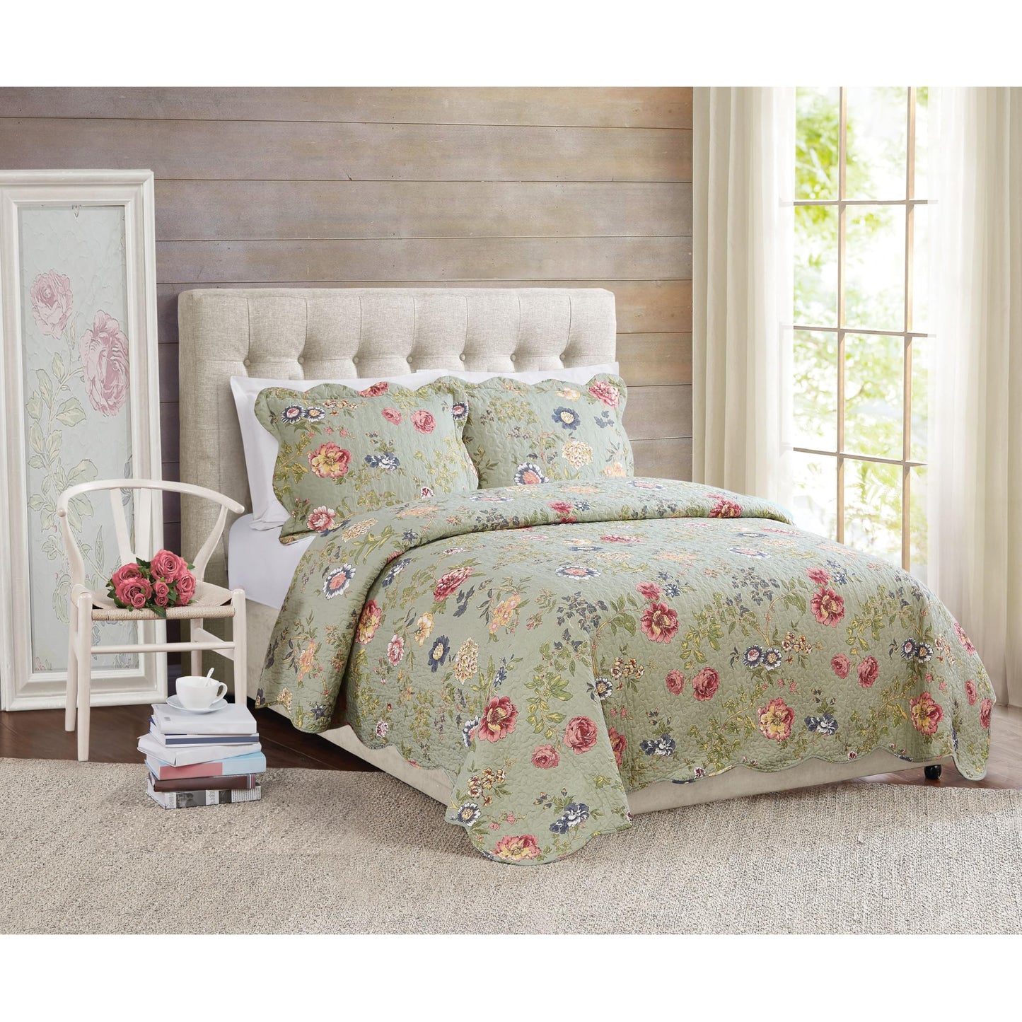 LifeStyles Edens Garden 100 Cotton Full Queen Quilt Set with 2 Shams Green Floral