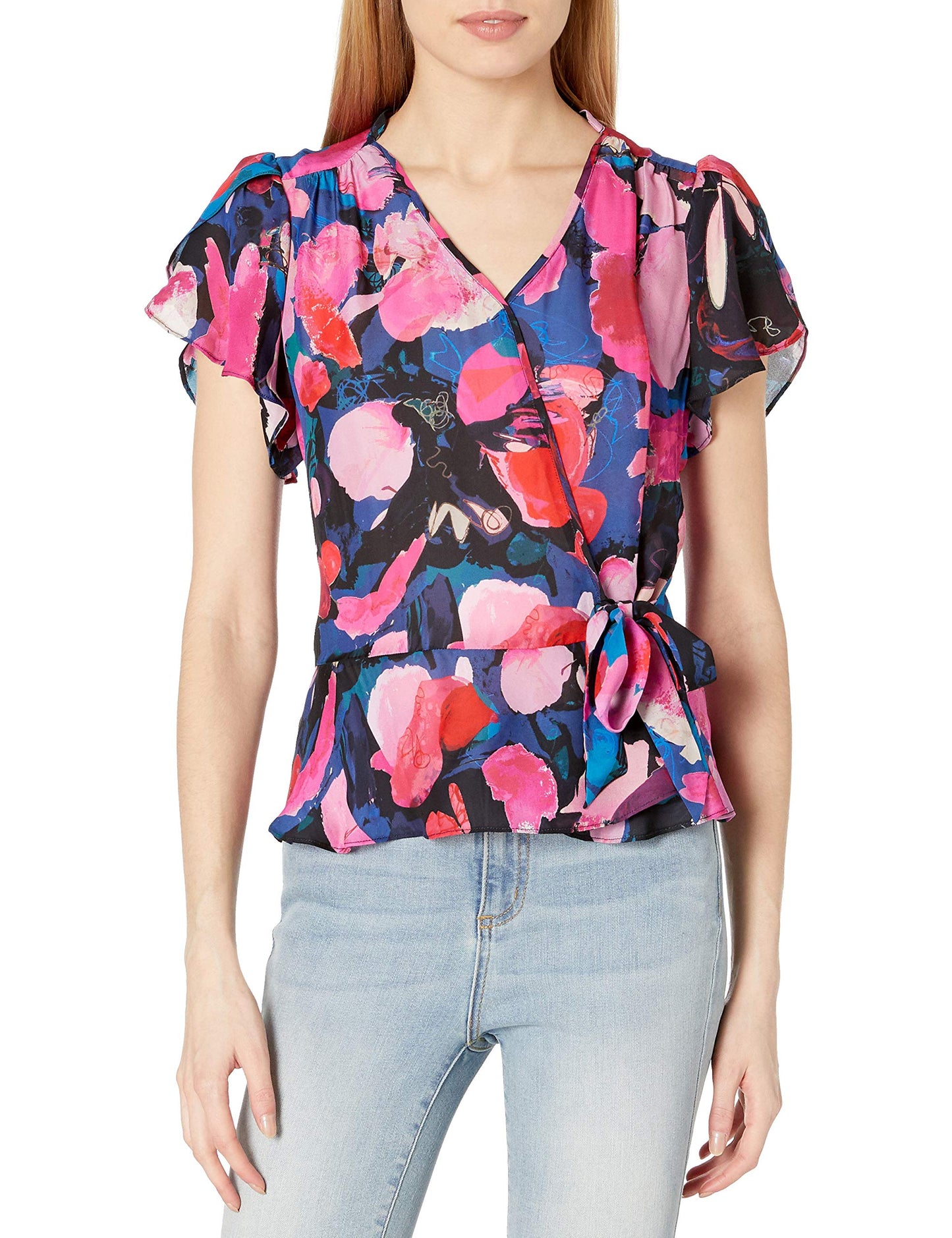 Parker Women's Flutter Sleeve Wrap Top with Tie at The Waist, Peony Dreams, L