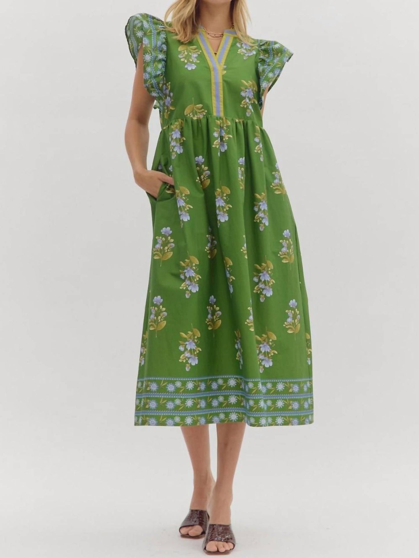 Entro - Split Neck Floral Framed Midi Dress
