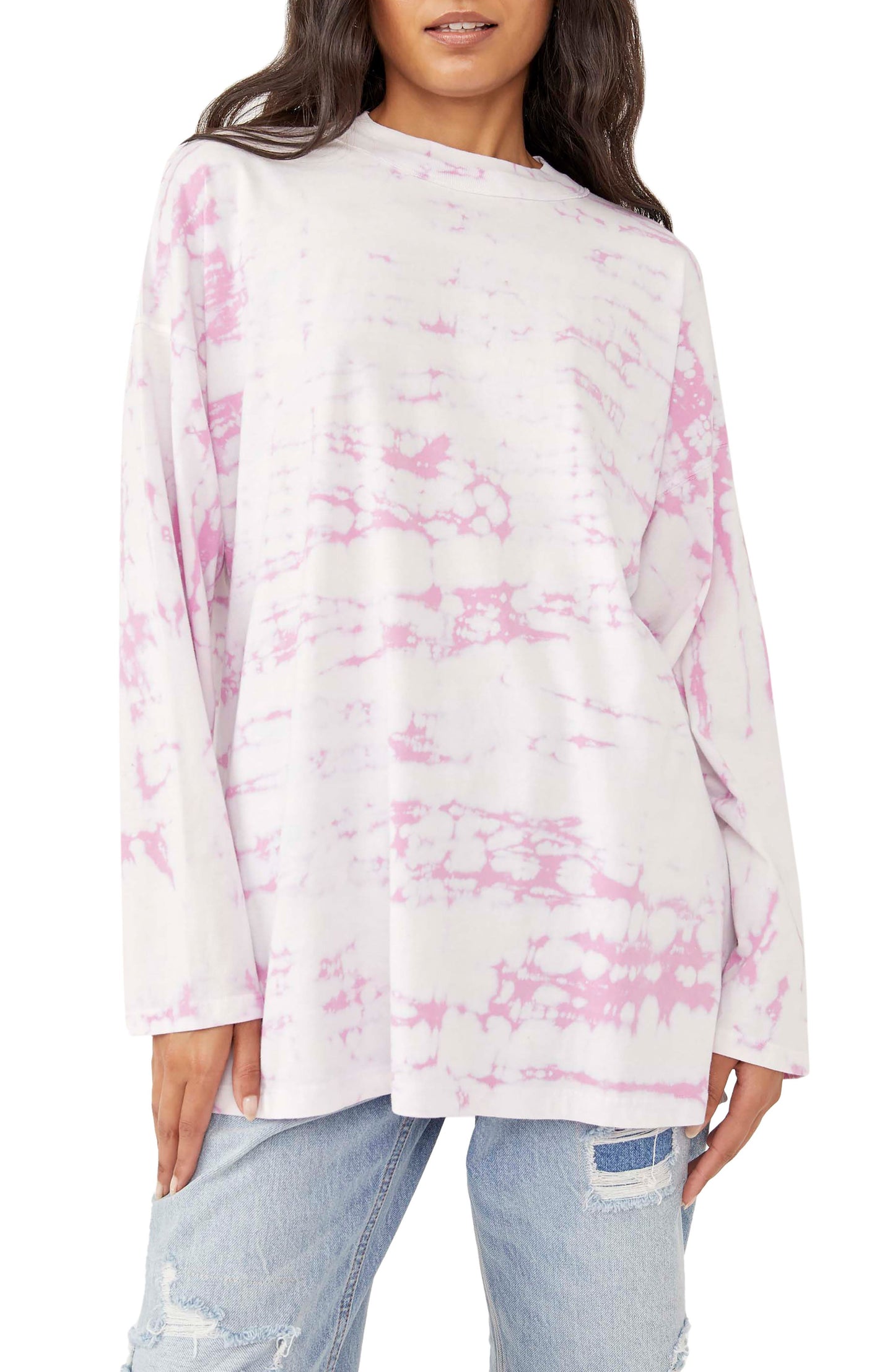 Free People Be Free Tie Dye Oversize Long Sleeve T-Shirt in Pastel Combo, Size Large