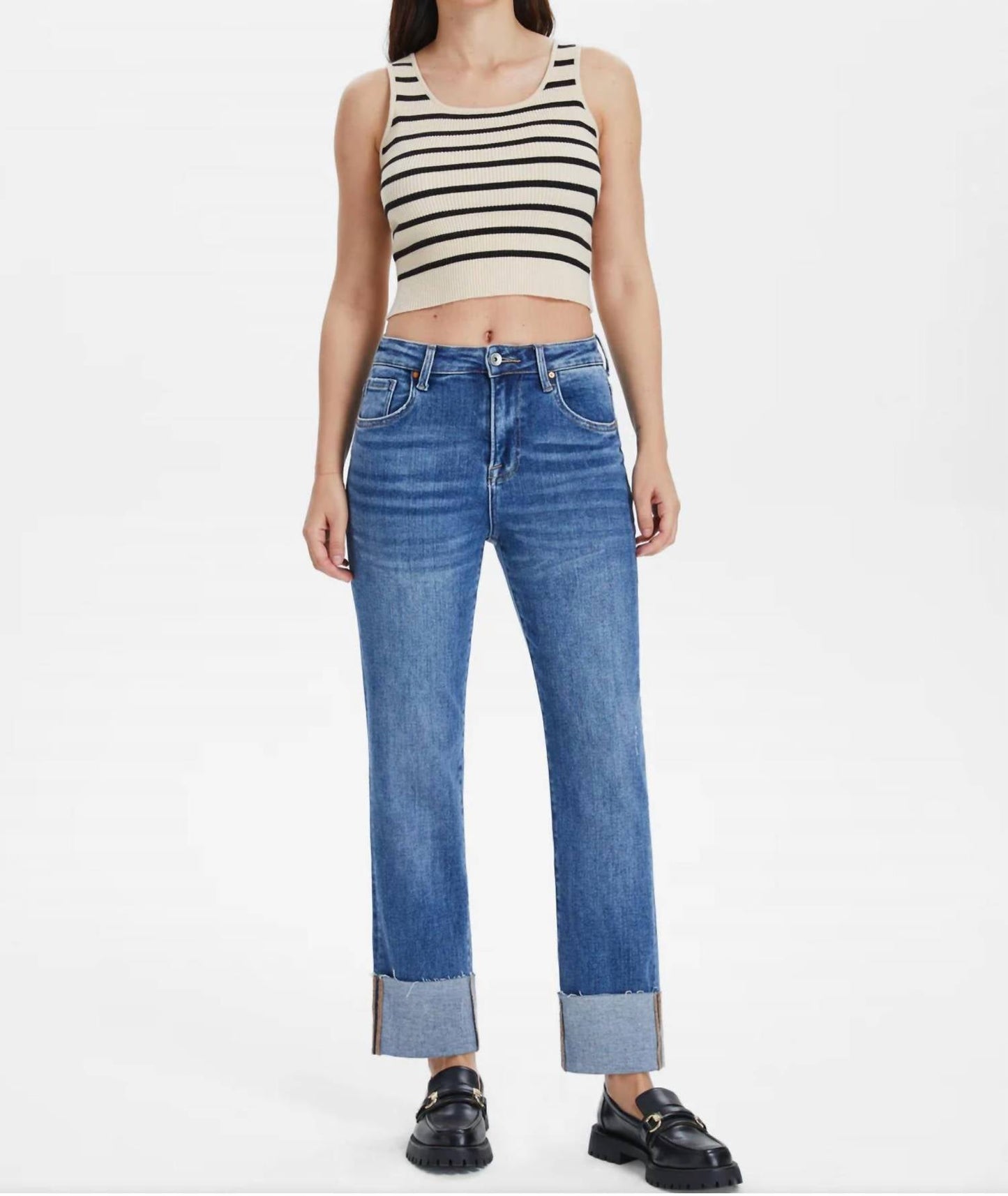 बयेस - हाई राइज रोल्ड हेम स्ट्रेट जींस