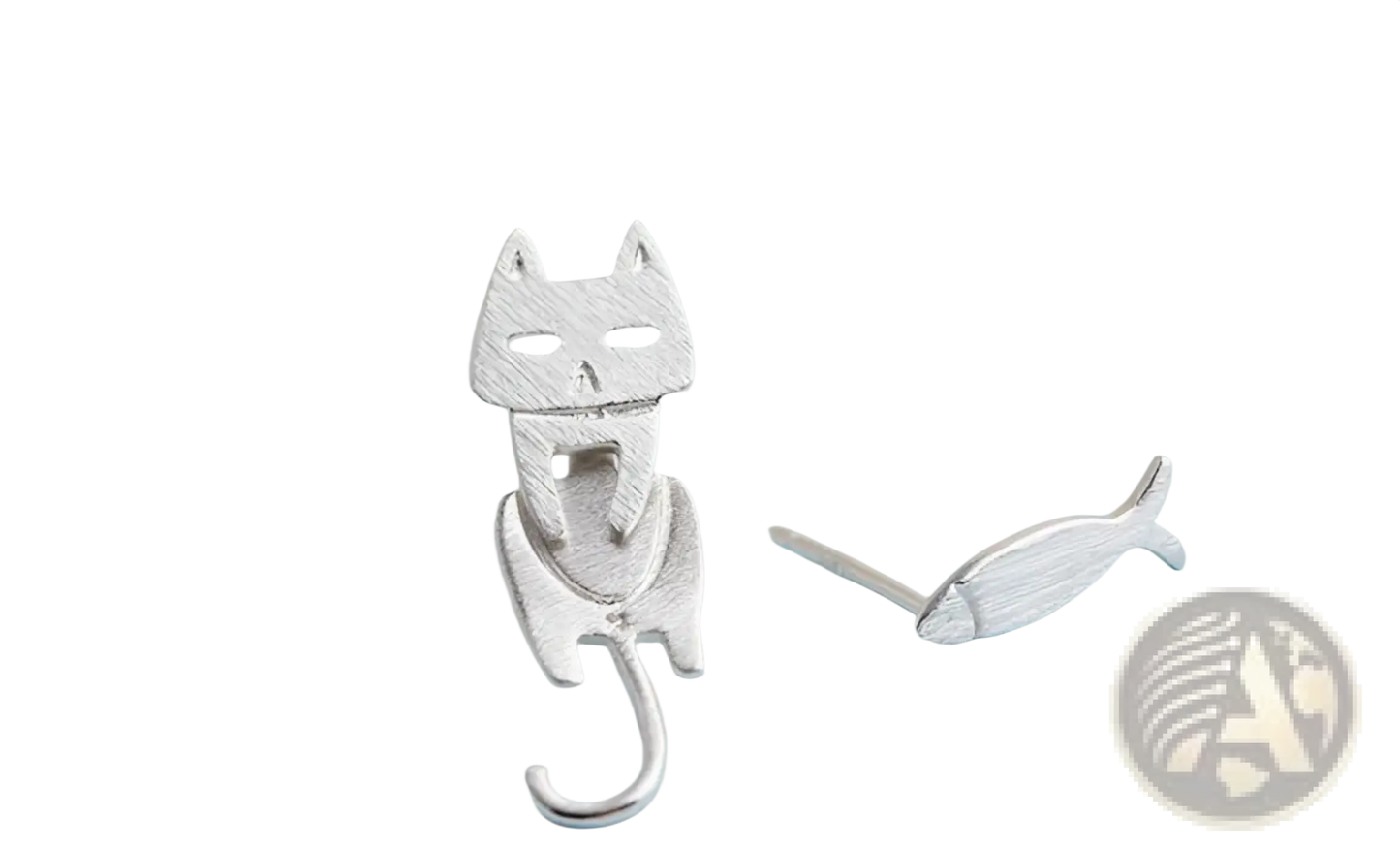 925 Sterling Silver Asymmetric Cat and Fish Stud Earrings