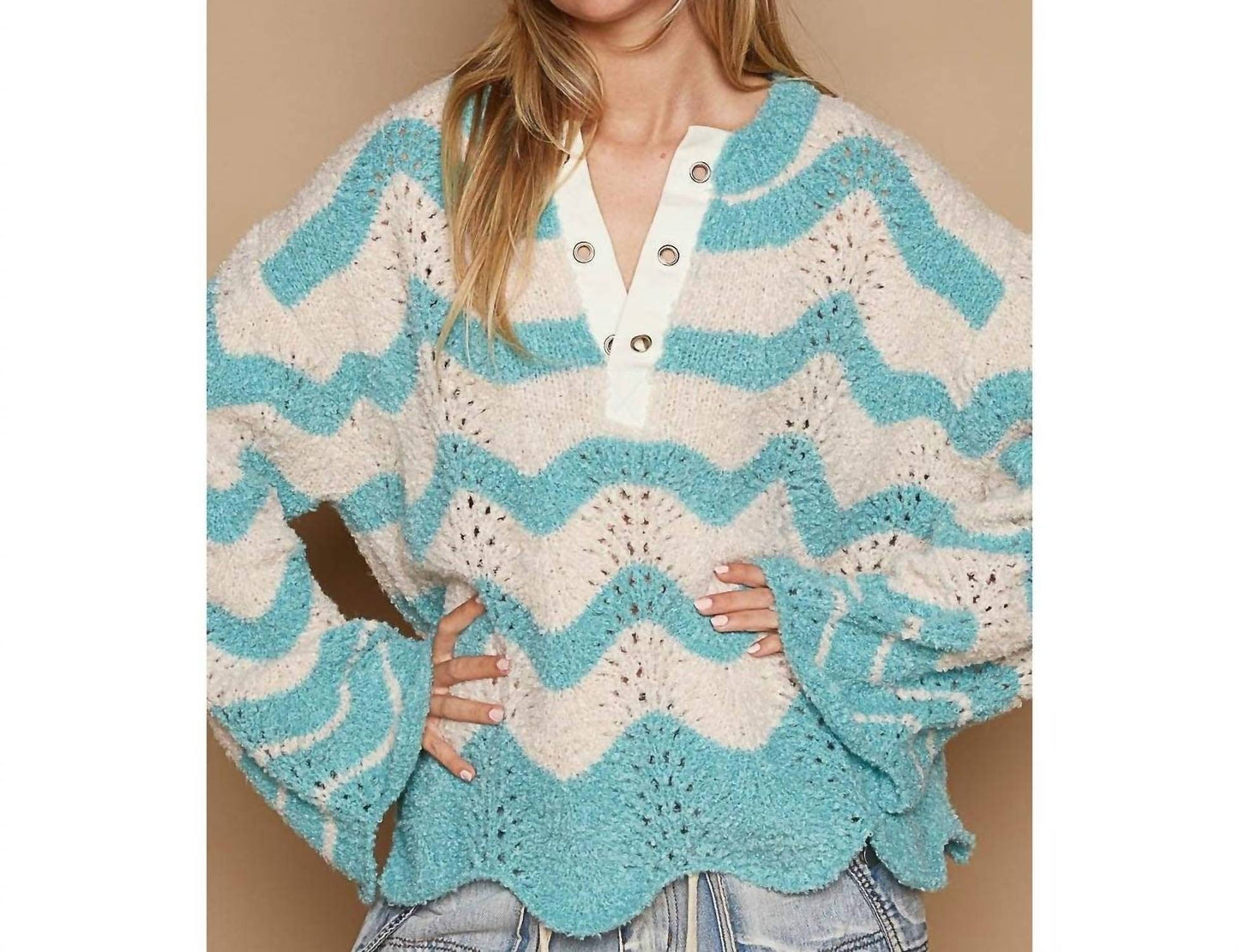 Pol - Oversize Round Neck Stripes Solid Pullover Sweater