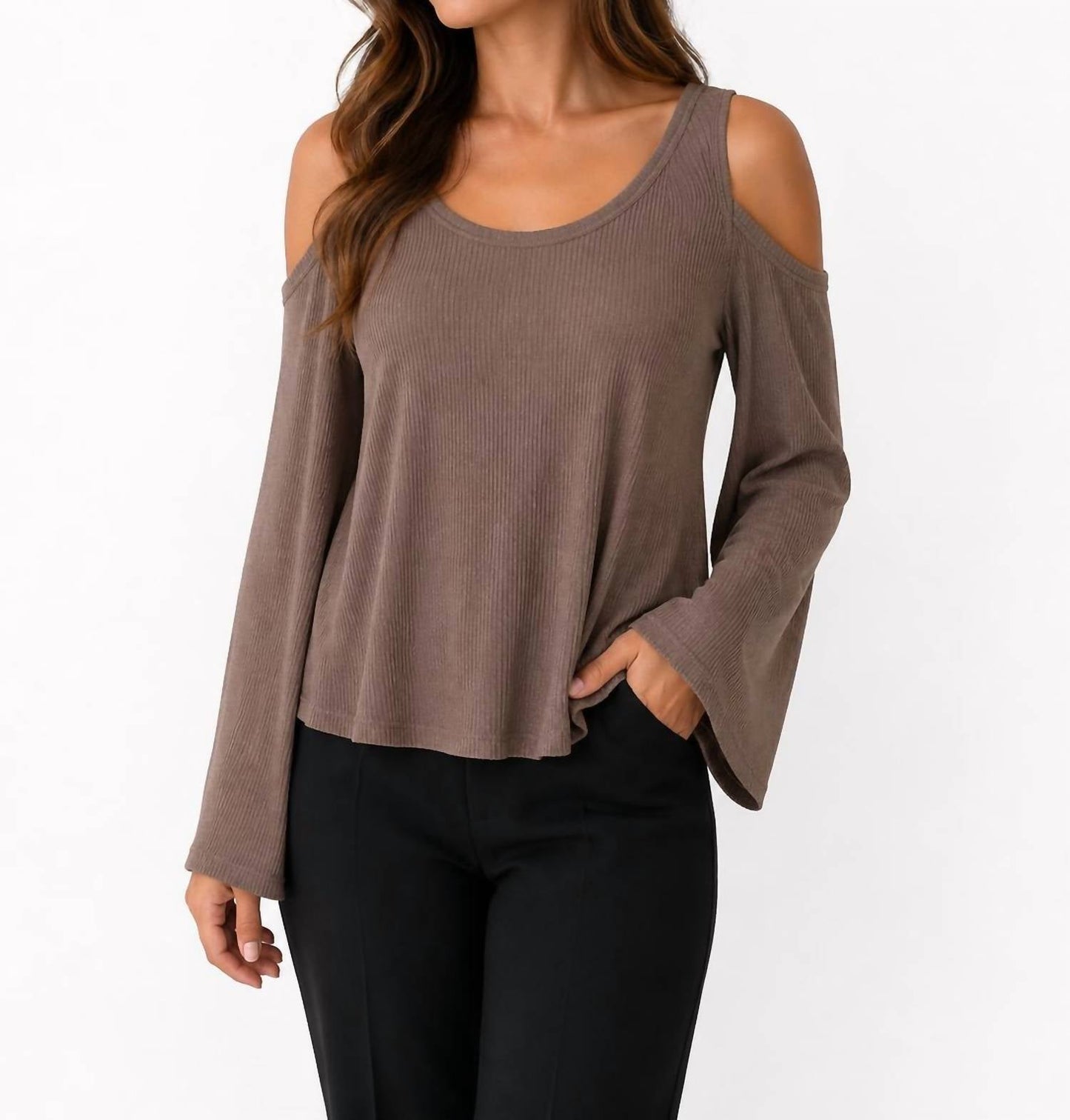 525 America - Cold Shoulder Rib Bell Sleeve Top