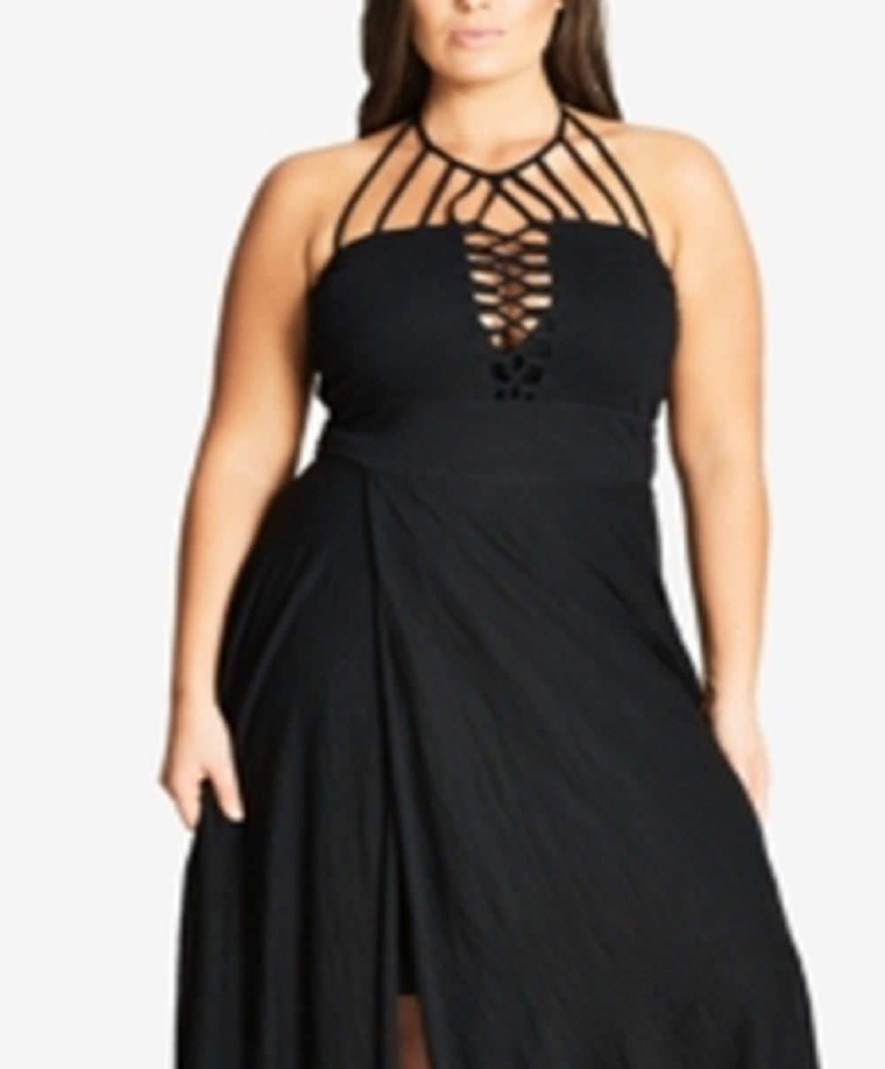 City Chic Women's Strappy Asymmetrical Faux Wrap Halter Maxi Dress Black Size 22W