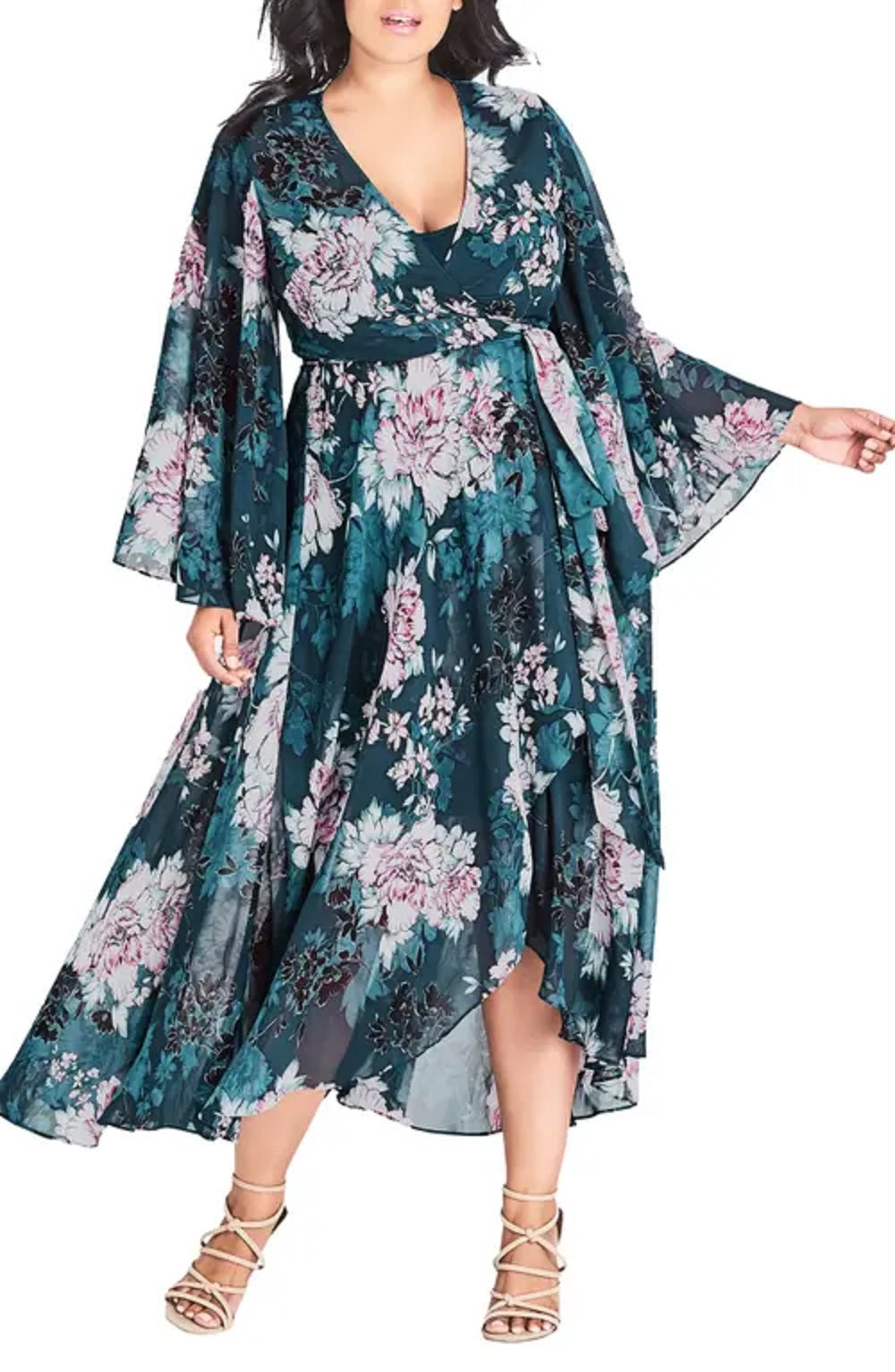 City Chic Women's Jade Blossom Wrap Maxi Dress Green Size 22W