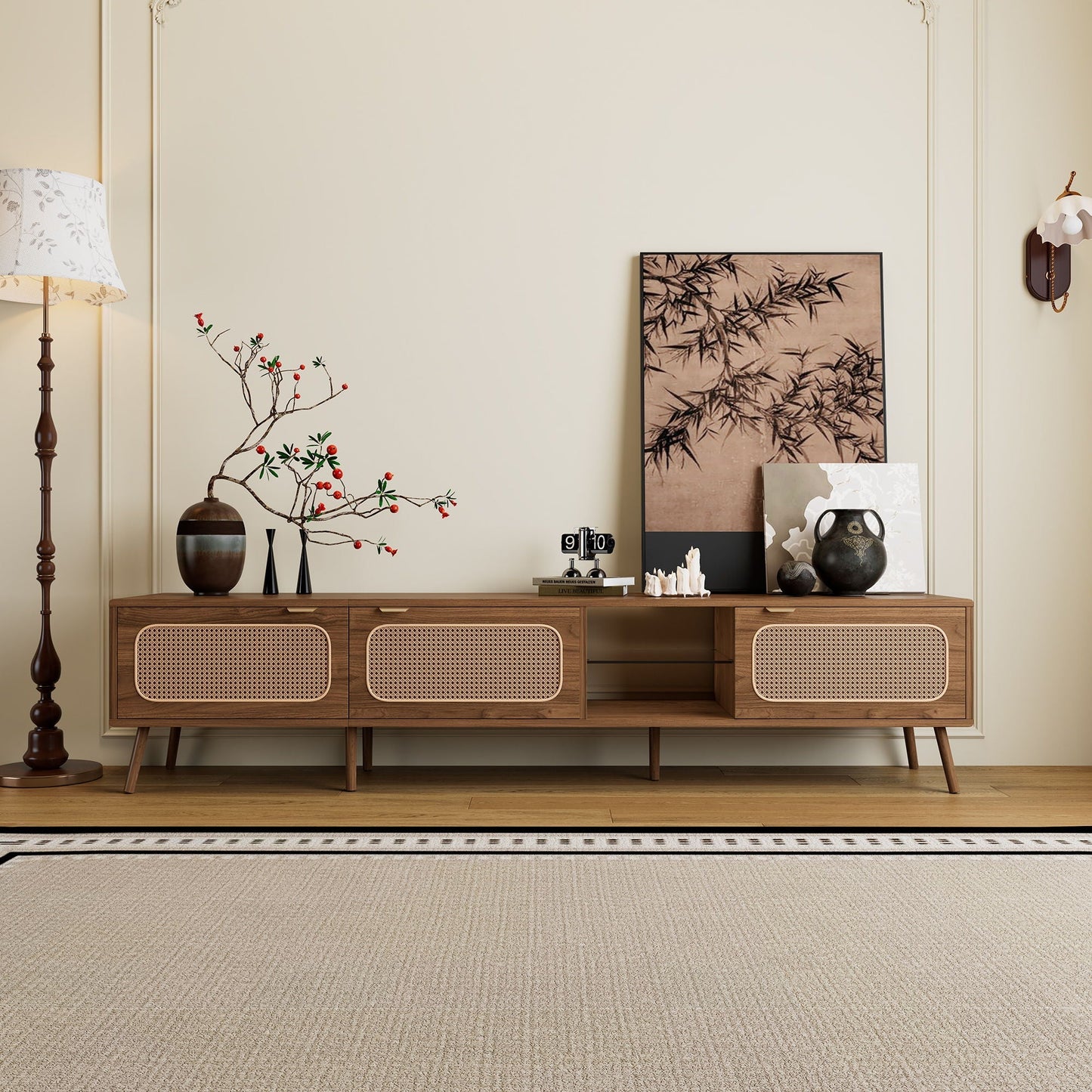 78" TV Stand With Ample Storage And Open Shelving - Walnut