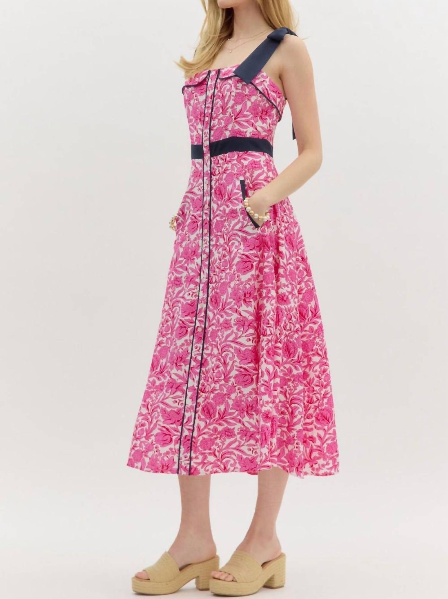 Entro - Shoulder Tie Print Midi Dress